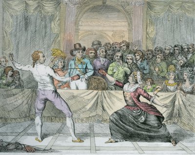A Chevalier dEon nőnek öltözve vívómeccsben (későbbi színezés) alkotó: English School