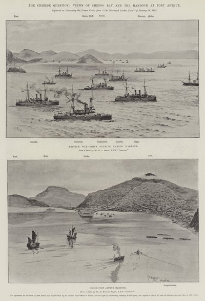 A kínai kérdés, kilátás a Chefoo-öbölre és a Port Arthur kikötőjére (litho) alkotó: English School