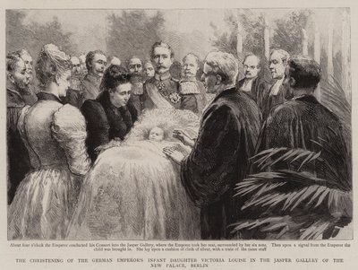 A német császár csecsemő lányának, Victoria Louise-nak a keresztelője az Új Palota Jasper Galériájában, Berlinben (metszet) alkotó: English School
