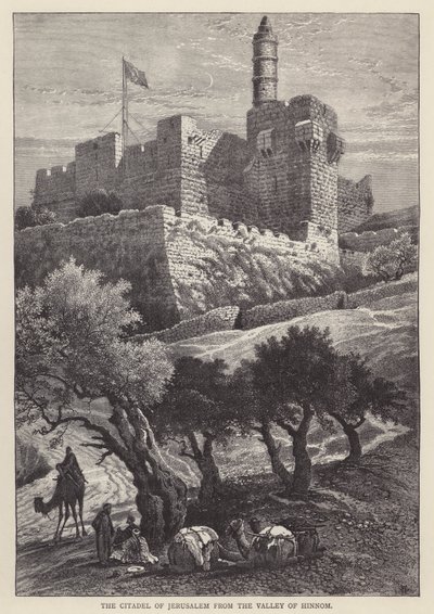 Jeruzsálem fellegvára a Hinnom-völgyből (metszet) alkotó: English School