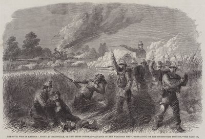 Polgárháború Amerikában, Harc Hainsville-ben, Potomac felső részén, A Wisconsin Men (Federalisták) előretörése a szecessziós állásponton (metszet) alkotó: English School