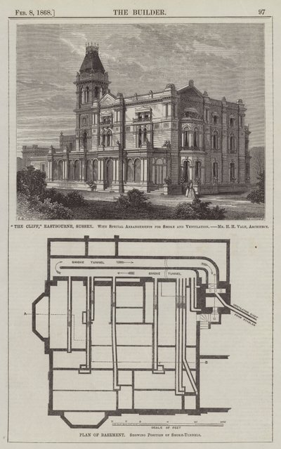 "The Cliff", Eastbourne, Sussex, speciális füst- és szellőzési szabályokkal, Mr. H. H. Vale, építész (metszet) alkotó: English School
