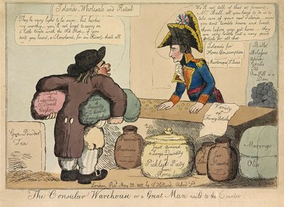 A konzuli raktár vagy egy nagy ember a pulthoz szegezve, kocsma. 1802 (kézzel színezett metszet) alkotó: English School