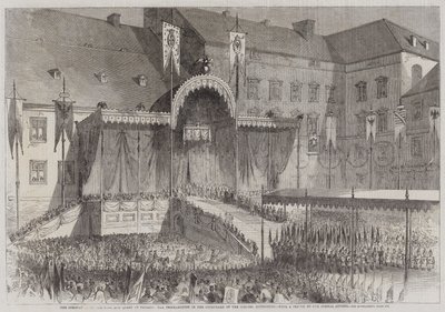 Porosz király és királyné megkoronázása, Kiáltvány a Königsbergi kastély udvarán (metszet) alkotó: English School