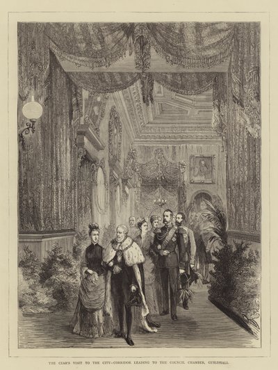 A cár városlátogatása, Tanácsteremhez vezető folyosó, Céhterem (metszet) alkotó: English School