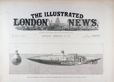 Az elmozdulásban süllyedő és felemelkedő Nautilus tengeralattjáró, elektromos árammal működik, a The Illustrated London Newsból, 1887. február 26. alkotó: English School
