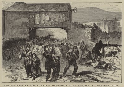 A dél-walesi nyomorúság, egy ingyenkonyha megnyitása Merthyr-Tydvilben (metszet) alkotó: English School