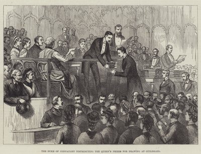 Connaught hercege kiosztja a királynő rajzdíjait a Guildhallban (metszet) alkotó: English School