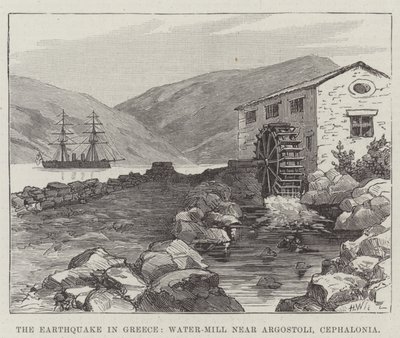 Földrengés Görögországban, Vízimalom Argostoli közelében, Cephalonia (metszet) alkotó: English School