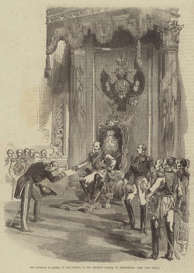 Oroszország császára a trónján, a császári palotában, Szentpétervár (metszet) alkotó: English School