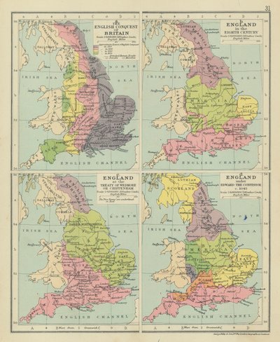 Nagy-Britannia angol meghódítása. Anglia a nyolcadik században. Anglia a wedmore-i vagy chippenhami szerződésnél (színes litográfia) alkotó: English School
