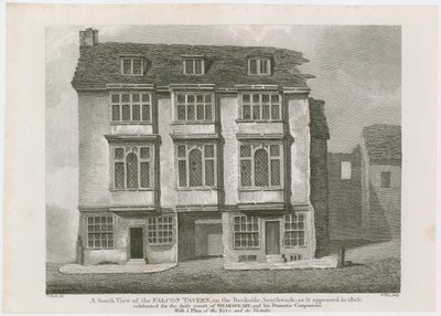 A Falcon Tavern a Bankside-on, Southwark. Ahogy 1805-ben megjelent alkotó: English School