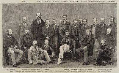 Az éhínség Indiában, Lord Lytton és Mysore biztosa tanácsot tart Bangalore-ban alkotó: English School