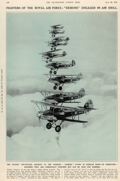 Az ország leggyorsabb kétüléses repülőgépe: démonok repülnek lépcsőzetesen jobbra felfelé, a The Illustrated London News Royal Naval and Military Number-ból, 1935. július 20. alkotó: English School