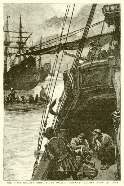 Az első angol hajó a Csendes-óceánon: Drakes Golden Hind Limában alkotó: English School