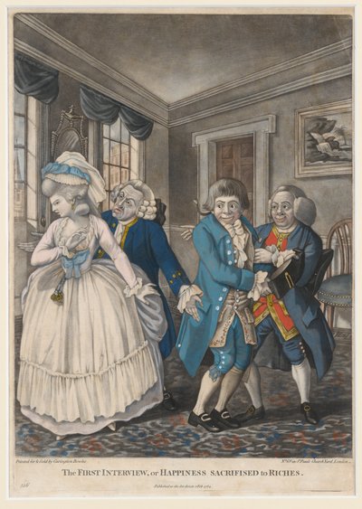 Az első interjú, avagy a gazdagságnak feláldozott boldogság, 1784 (kézzel színezett mezzotinta) alkotó: English School