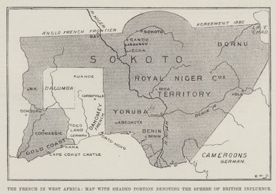 A franciák Nyugat-Afrikában, térkép árnyékolt résszel, amely a brit befolyási övezetet jelöli (litho) alkotó: English School