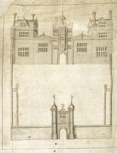 A Wilton-ház eleje, részlet az 1. Pembroke grófi földfelmérésből, 1566 (toll és tinta pergamen) alkotó: English School