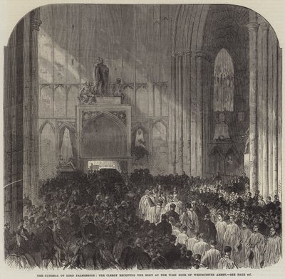 Lord Palmerston temetése, a holttestet átvevő papság a Westminster Abbey nyugati ajtajában (metszet) alkotó: English School