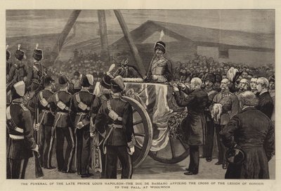 Louis Napóleon néhai herceg, Bassano herceg temetése, a Becsületrend Keresztjének a Pallhoz való rögzítése Woolwichban (metszet) alkotó: English School