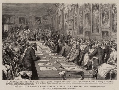 Általános választás, skót társaik a Holyrood Palace-ban képviselőiket választják (metszet) alkotó: English School