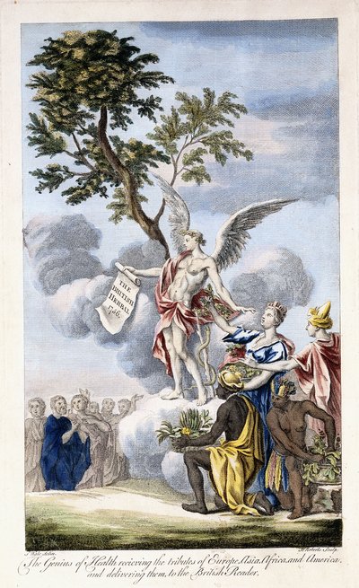 Az egészség géniusza, aki befogadja Európát, Ázsiát, Afrikát és Amerikát, és eljuttatja a brit olvasóhoz, 1756-1757 alkotó: English School