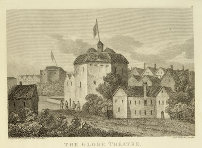 A Globe Theatre on the Bankside, ahogyan I. Jakab (1566-1625) uralkodása alatt megjelent, egy 1612 körüli metszet után, amelyet 1810-ben adtak ki. alkotó: English School