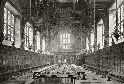 A Középső Templom nagyterme, a „Londoni képek: tollal és ceruzával rajzolva” című művéből, Richard Lovett tiszteletestől, 1890-ben alkotó: English School