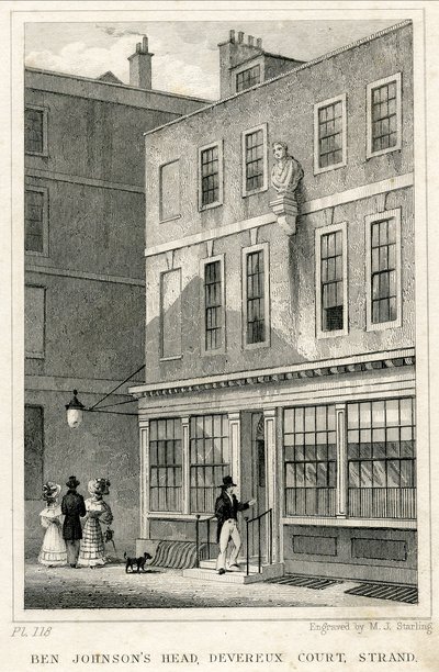The Grecian Coffee House, Devereux Court, Strand, Ben Johnson mellszobrával (metszet) alkotó: English School