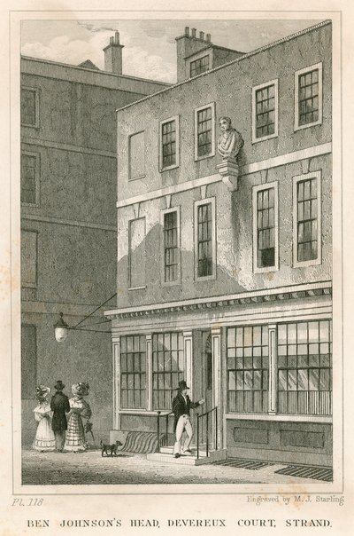 A Grecian Coffee House, Devereux Court, Strand, Ben Johnson mellszobrával alkotó: English School