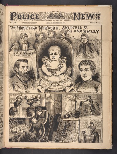 A Hampstead-i gyilkosságok, vázlatok az Old Bailey-ben, a The Illustrated Police News 1890. december 13-i szombati számából (újságpapír) alkotó: English School