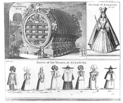 A Heidelberg Tun, The Lady of Newburg és A Habits of the Women of Augsburg, a Missons Nouveau voyage dItalie-ból, a Navigantium atque Itinerantium Bibliotheca, Harris, átdolgozott kiadás, 174 alkotó: English School