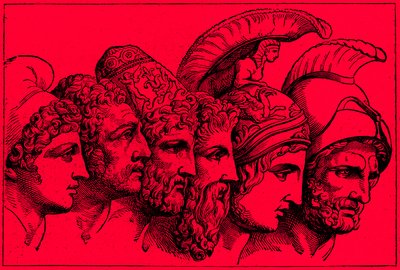 A trójai háború hősei: Párizs, Diomédész, Odüsszeusz, Nesztor, Akhilleusz, Agamemnon, illusztráció A világ illusztrált történelméből, megjelent 1880 körül (digitálisan javított kép) alkotó: English School