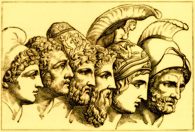 A trójai háború hősei: Párizs, Diomédész, Odüsszeusz, Nesztor, Akhilleusz, Agamemnon, illusztráció A világ illusztrált történelméből, megjelent 1880 körül (digitálisan javított kép) alkotó: English School