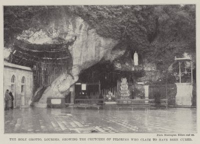 A lourdes-i Szent-barlang, azon zarándokok mankóival, akik azt állítják, hogy meggyógyultak (metszet) alkotó: English School
