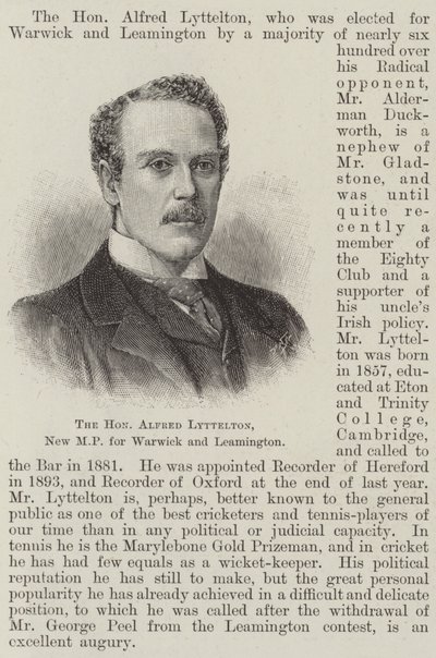 A tisztelt Alfred Lyttelton, Warwick és Leamington új képviselője (metszet) alkotó: English School