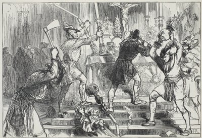 Egy római katolikus templom képeit és oltárdekorációit megsemmisítő ikonoklasztok, illusztráció: James Aitken Wylie (1808-1890) A protestantizmus története című könyvéből, pub. 1878 alkotó: English School