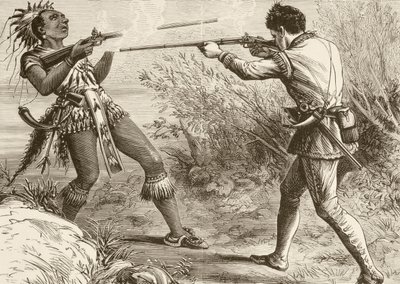 Paugus indián törzsfőnököt megöli egy angol milicista (litho) alkotó: English School