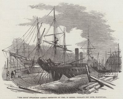 Az "Indus" gőzhajót részben tűz pusztította el Messers Wigram szárazdokkjában, Blackwall (metszet) alkotó: English School