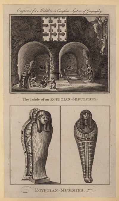 Egy egyiptomi sír belseje, egyiptomi múmiák (metszet) alkotó: English School