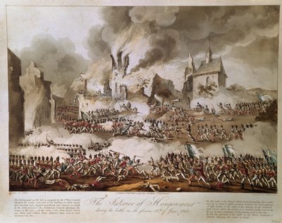 Hougoumont belseje az 1815. június 18-i csata során, T. Sutherland metszetével, 1816-ban megjelent (akvatinta) alkotó: English School