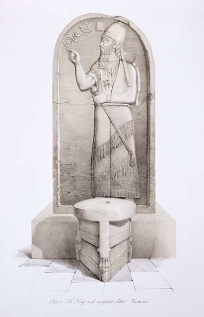 A király és áldozati oltár, Nimrud, 4. tábla Ninivéből és maradványai, Austen Henry Layard (1817-94) 1849-ben megjelent alkotó: English School
