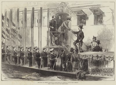 A görög királyt a walesi herceg fogadta a HMS Serapis fedélzetén (metszet) alkotó: English School