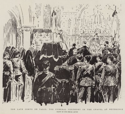 A néhai párizsi gróf, a temetési szertartás a weybridge-i kápolnában (litho) alkotó: English School