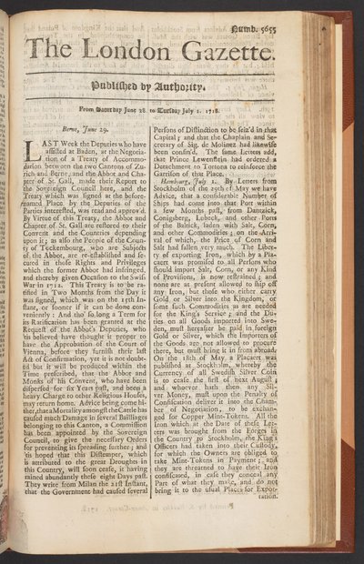 The London Gazette, 5655. szám, 1. oldal, 1718. június 28. (nyomtatott) alkotó: English School