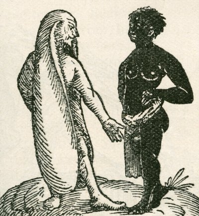 A hosszúfülű ember szidja a szolgáját. A hosszúfülű férfiak állítólag Afrikában élnek. Azt mondták, hogy az egyik fülükön fekve aludtak, a másikkal pedig takaróként takarták be őket. Az 1897-ben megjelent The Strand Magazine-ból. alkotó: English School