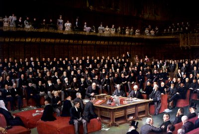 A Lord Chancellor, aki felteszi a kérdést a Home Rule-ról szóló vitában a Lordok Házában, 1893 alkotó: English School