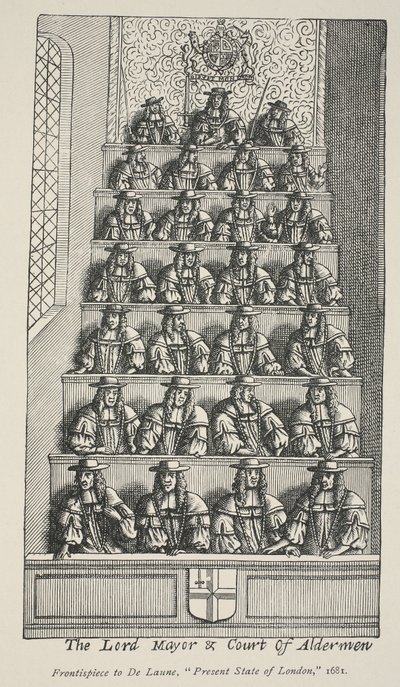 A Lord Mayor és az Aldermen udvara, a De Launes Angliae Metropolis homlokzata, 1681 alkotó: English School