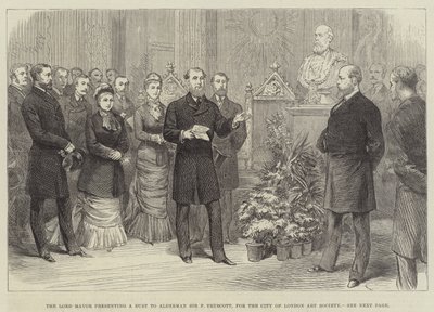 A Lord Mayor mellszobrot ad át Alderman Sir F Truscottnak, a City of London Art Society számára (metszet) alkotó: English School