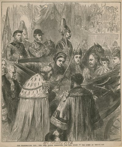 A Lord Mayor átadja a város kardját a királynőnek a Temple Barban alkotó: English School
